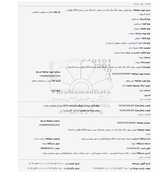 مزایده، فروش چهار دانگ ملک (یک باب عمارت )به پلاک ثبتی شماره 1519 واقع در ناحیه 6 تهران
