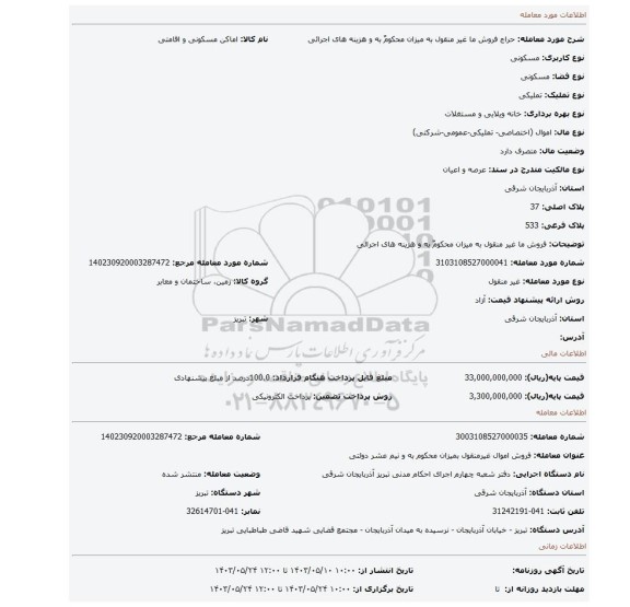 مزایده، فروش ما غیر منقول به میزان محکومٌ به و هزینه های اجرائی