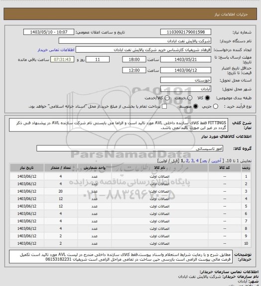 استعلام FITTINGS فقط کالای سازنده داخلی AVL مورد تائید است و الزاما می بایستی نام شرکت سازنده AVL در پیشنهاد فنی ذکر گردد در غیر این صورت تائبد نمی باشد.