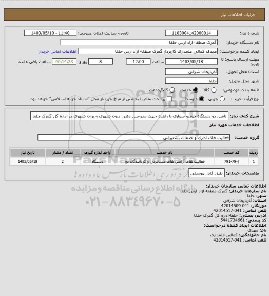 استعلام تامین دو دستگاه خودرو سواری با راننده جهت سرویس دهی درون شهری و برون شهری در اداره کل گمرک جلفا