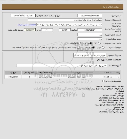 استعلام تعویض لامپ های 121 زارچ و شاهدیه
