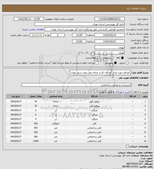 استعلام مصالح جهت مرکز کودکان کار و خیابان ولی عصر شهر تهران