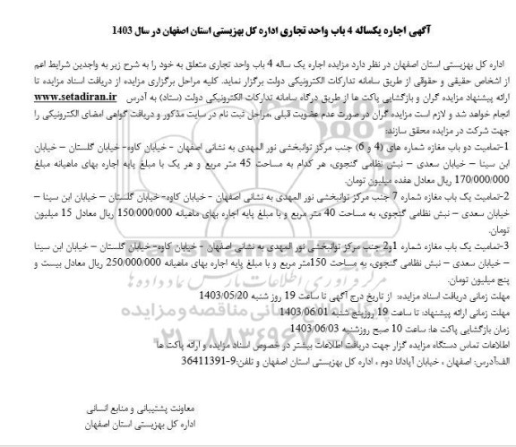 مزایده اجاره یکساله 4 باب واحد تجاری