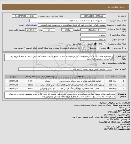 استعلام پیمان  تهیه غذای پرسنل سازمان بهداشت و درمان صنعت نفت... انواع غذا ها به تعداد مشخص شده.. صفحه 4 مربوط به آشامیدنی و دورچین غذا است