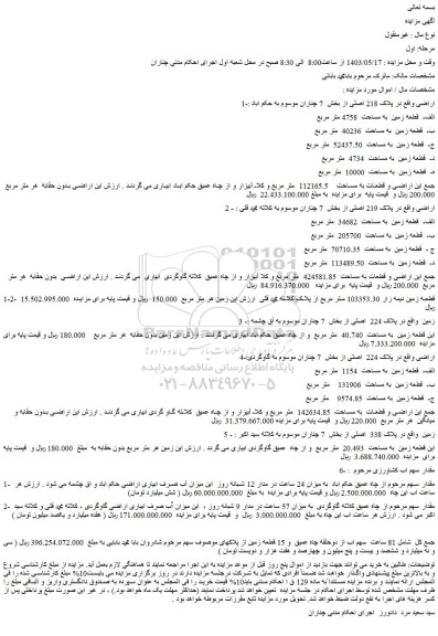 مزایده اراضی و قطعات  به مساحت  142634.85  و حقابه 