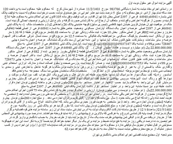 مزایده پلاک ثبتی بشماره 44941و44940 فرعی از 2397 اصلی