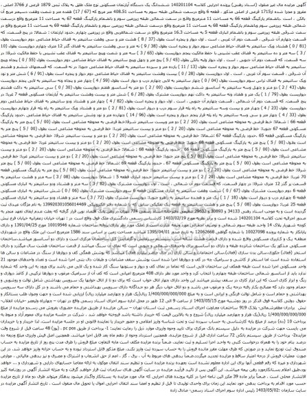 آگهی مزایده ششدانگ یک دستگاه آپارتمان مسکونی نوع ملک طلق به پلاک ثبتی 1879 فرعی از 3766 اصلی