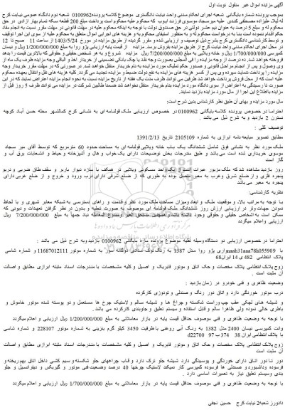 مزایده فروش ششدانگ یک باب خانه ویلایی قولنامه ای به مساحت حدود 60 مترمربع