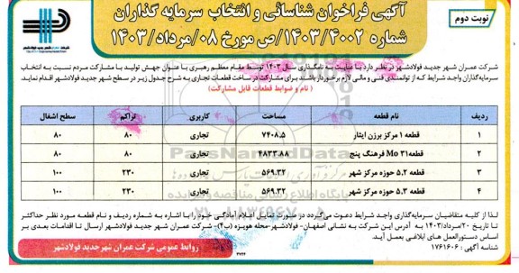 فراخوان شناسائی و انتخاب سرمایه گذاران جهت ساخت قطعات تجاری نوبت دوم 