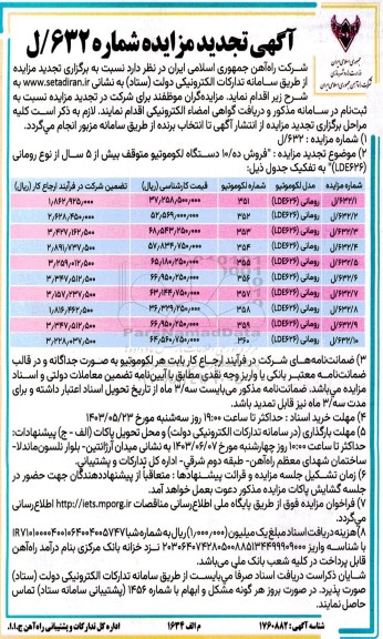 مزایده فروش ده/ 10 دستگاه لکوموتیو متوقف - تجدید 
