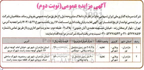 مزایده فروش املاک - نوبت دوم
