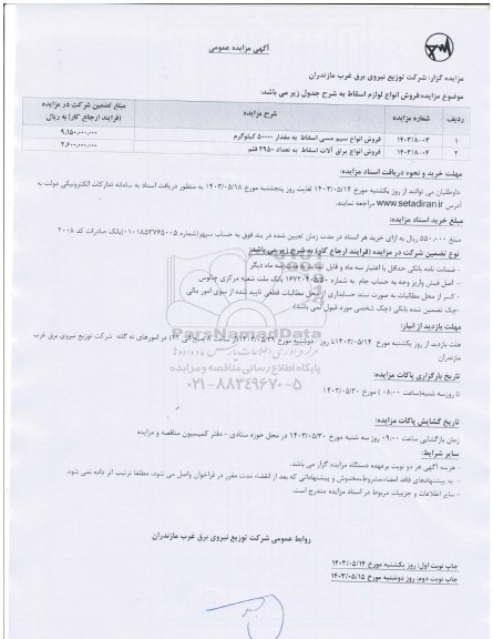 مزایده فروش انواع لوازم اسقاط