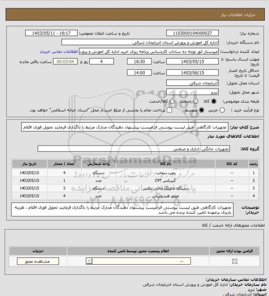 استعلام تجهیزات کارگاهی طبق لیست پیوستی الزامیست پیشنهاد دهندگان مدارک مرتبط را باگذاری فرمایند تحویل فوری اقلام