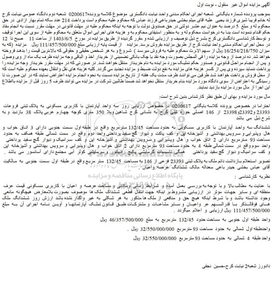 مزایده فروش ششدانگ سه واحد آپارتمان با کاربری مسکونی به حدود مساحت 132/45 مترمربع