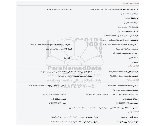 مزایده، دستور فروش ملک مسکونی و تجاری