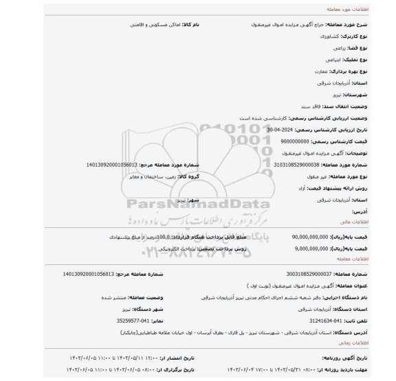 مزایده، آگهـی مـزایده امـوال غیرمنقـول