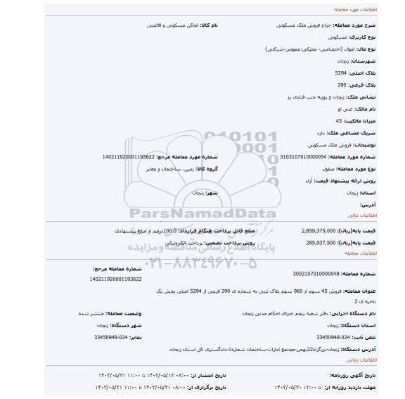 مزایده، فروش ملک مسکونی