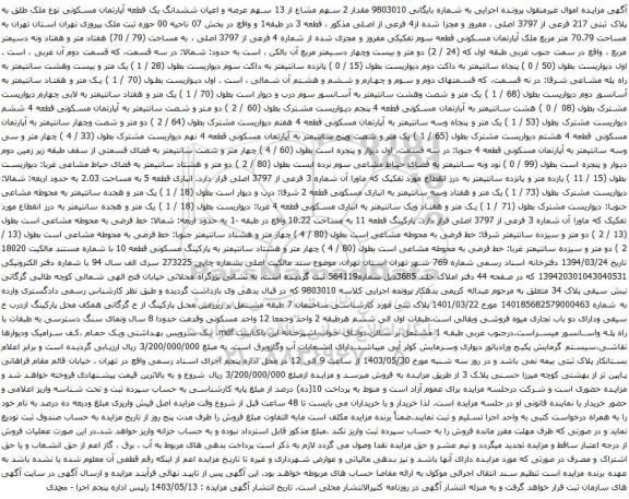آگهی مزایده  مقدار 2 سهم مشاع از 13 سهم عرصه و اعیان ششدانگ یک قطعه آپارتمان مسکونی نوع ملک طلق به پلاک ثبتی 217 فرعی از 3797 اصلی