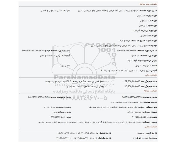 مزایده، فروش پلاک ثبتی 143 فرعی از 3936 اصلی واقع در بخش 1 تبریز