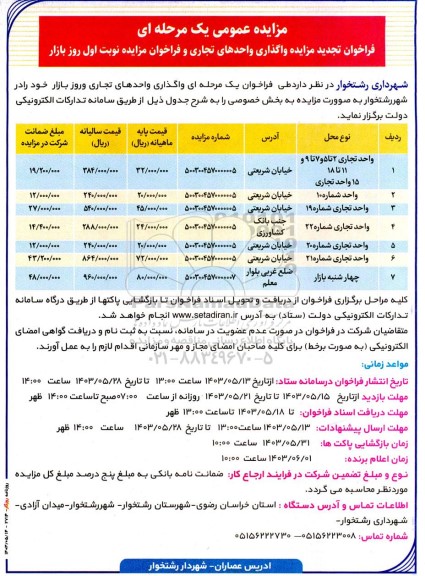 فراخوان مزایده واگذاری واحدهای تجاری تجدید