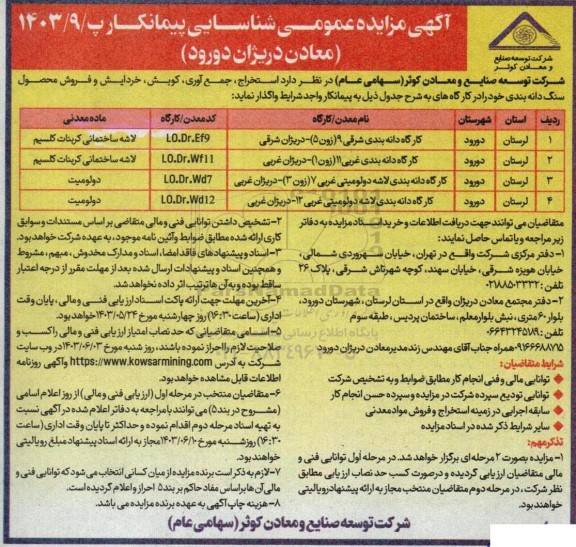 مناقصه ، مزایده استخراج و جمع آوری ، کوبش ، خردایش و فروش محصول سنگ دانه بندی
