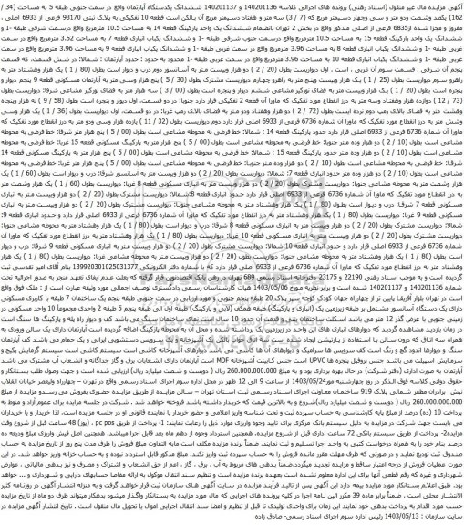 آگهی مزایده ششدانگ یکدستگاه آپارتمان واقع در سمت جنوبی طبقه 5 به مساحت (34 / 162) یکصد وشصت ودو متر و سی وچهار دسیمتر مربع