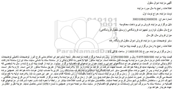 مزایده فروش اموال منقول فروشگاه رفاه