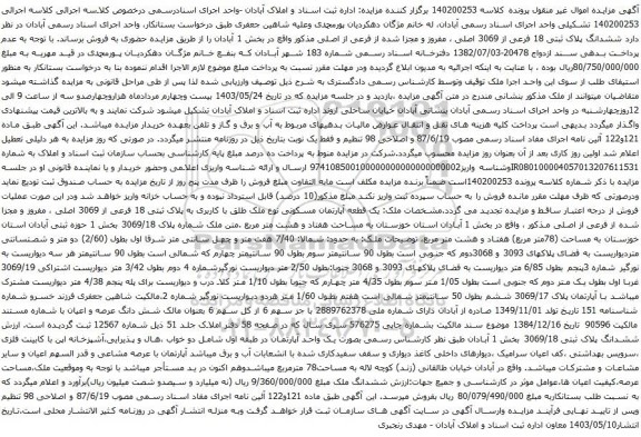 آگهی مزایده ششدانگ پلاک ثبتی 18 فرعی از 3069 اصلی ، مفروز و مجزا شده از فرعی از اصلی