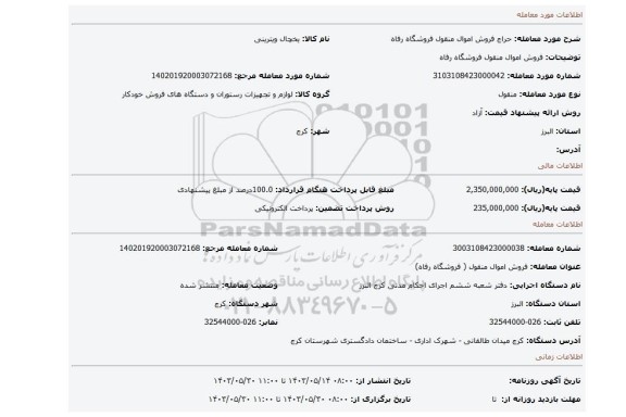 مزایده، فروش اموال منقول فروشگاه رفاه