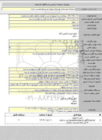 مزایده, فروش ۱۲۶ هزار تن سنگ آهن دانه بندی تولید مجتمع سنگ آهن سنگان واقع در استان خراسان رضوی