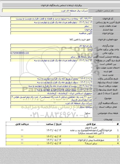 مناقصه, خرید ۲۱ عدد رله حفاظتی شامل ۶ عدد رله دیستانس٬۶ عدد رله دیفرانسیل طولی ٬۲ عدد دیفرانسل باسبار