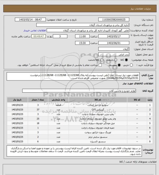 استعلام قطعات مورد نیاز نیسان ناوارا (طی لیست پیوست)به پلاک 11123/68- 11125/68- 11128/68.(درخواست 23151و23152و23154و23164 بصورت تجمیعی اقدام شده است.