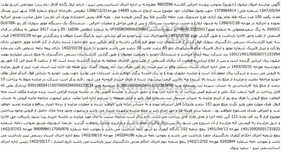 آگهی مزایده ششدانگ یک دستگاه موتور سواری کار رنو DUSTER-2000CC