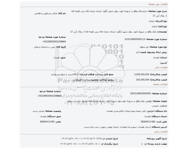 مزایده، ملک واقع در شهرک الوند، بلوار شهید آبگون، ابتدای خیابان لاله نبش کوچه لاله 1، پلاک آبی 17