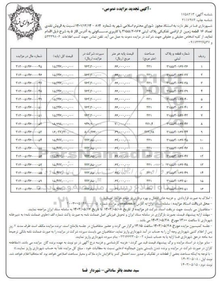 تجدید مزایده فروش نقدی تعداد 16 قطعه زمین با کاربری مسکونی / نوبت دوم