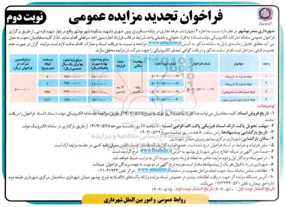 تجدید مزایده اجاره 4 (چهار) باب غرفه تجاری- نوبت دوم