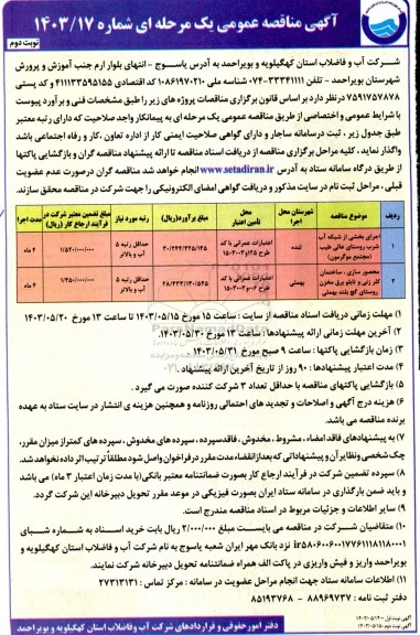 مناقصه اجرای بخشی از شبکه آب شرب روستای عالی طیب و ... نوبت دوم