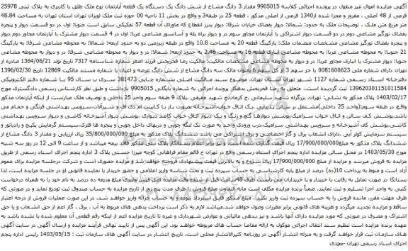 آگهی مزایده مقدار 3 دانگ مشاع از شش دانگ یک دستگاه یک قطعه آپارتمان نوع ملک طلق با کاربری به پلاک ثبتی 25978 فرعی از 48 اصلی