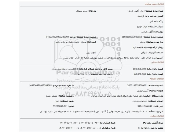 مزایده، آگهی فروش