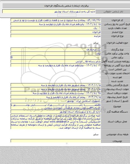 مزایده, ۵قطعه زمین در شهرک نیایش بوشهر با کاربریM۲مسکونی.تجاری.فرهنگی.آموزشی.درمانی...