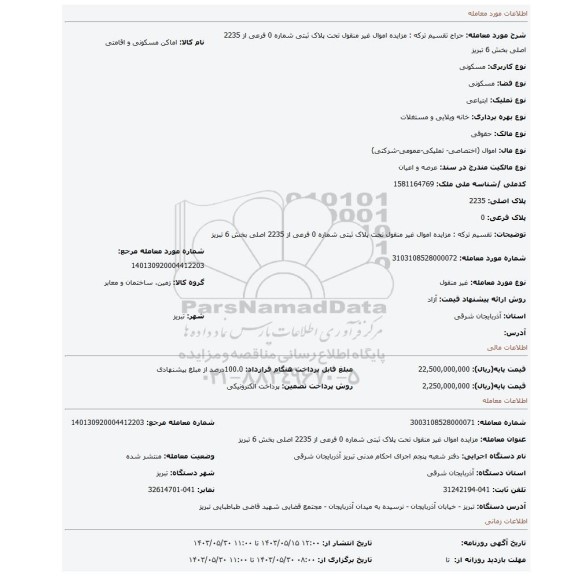 مزایده، تقسیم ترکه : مزایده اموال غیر منقول تحت پلاک ثبتی شماره 0 فرعی از 2235 اصلی بخش 6 تبریز