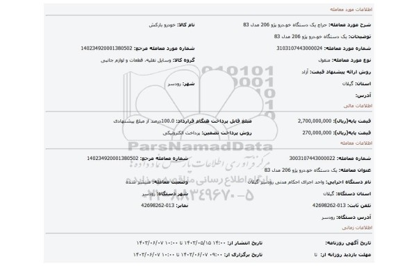 مزایده، یک دستگاه خو.درو پژو 206 مدل 83