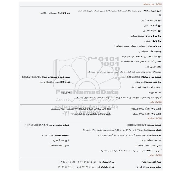 مزایده، مزایده پلاک ثبتی 125 اصلی از 130 فرعی شماره مفروزی 22 بخش 12