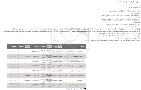 مزایده ضایعات ورق بلنک 151 گالوانیزه ...