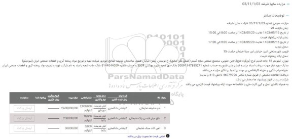 مزایده خرده شیشه ضایعاتی...
