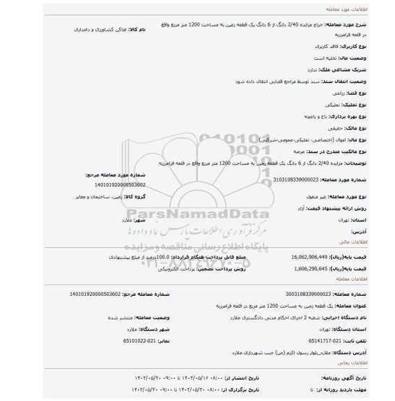 مزایده، مزایده 2/40 دانگ از 6 دانگ یک قطعه زمین به مساحت 1200 متر مربع واقع در قلعه فرامرزیه