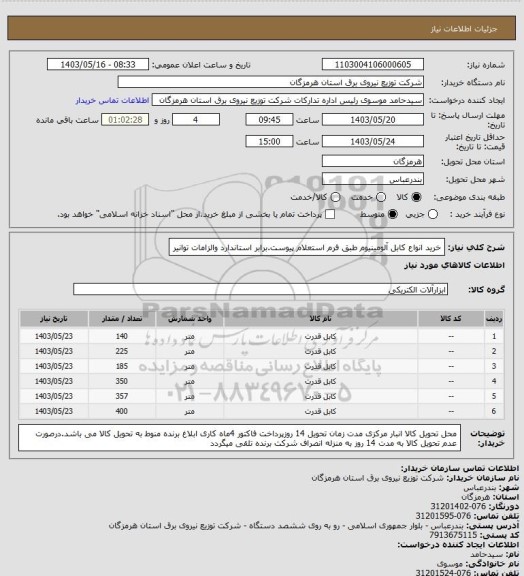 استعلام خرید انواع کابل آلومینیوم طبق فرم استعلام پیوست.برابر استاندارد والزامات توانیر