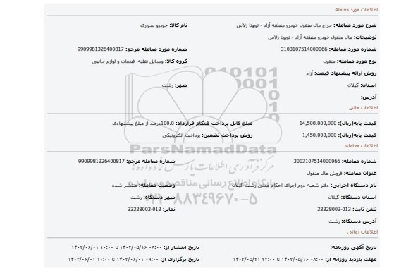 مزایده، مال منقول خودرو منطقه آزاد - تویوتا زلاس
