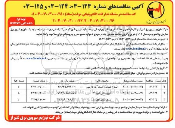 مناقصه اصلاح شبکه و نیرورسانی - نوبت دوم 
