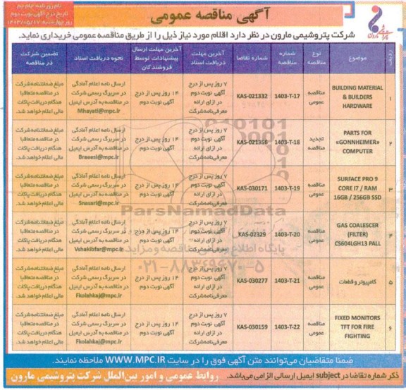 مناقصه BUILDING MATERIAL & BUILDERS HARDWARE.... - نوبت دوم